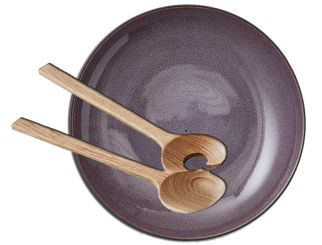 Bitz Set Servierschale rund 40 cm schwarz/lila + Salatbesteck 32 cm Eiche 