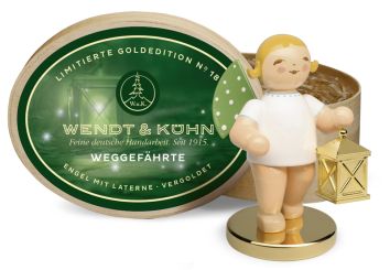 Wendt & Kühn Weggefährte Engel mit Laterne auf Metallsockel vergoldet in Spanschachtel Goldedition No. 18 