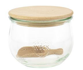 Einkochwelt Weck-Glas Tulpenform 1/2 l Nr.744 mit 100 mm Holzdeckeln (Buche) mit Silikondichtring 