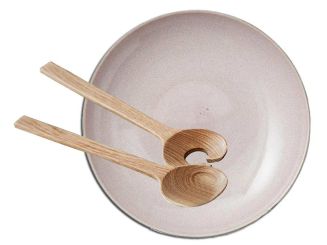 Bitz Set Servierschale rund 40 cm grau/hellpink + Salatbesteck 32 cm Eiche 