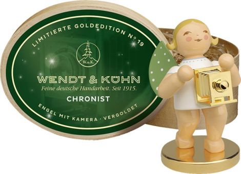 Wendt & Kühn Chronist Engel mit Kamera auf Metallsockel vergoldet in Spanschachtel Goldedition No. 19 