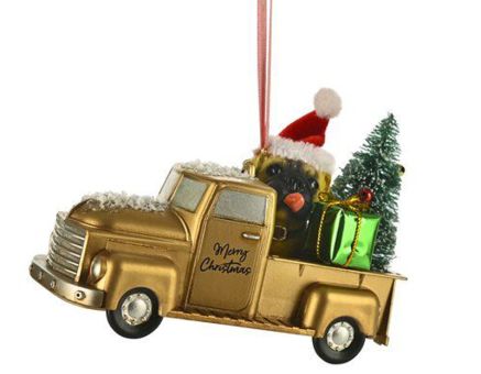 Gift Company Hänger Truck mit Hund und Weihnachtsbaum gold 